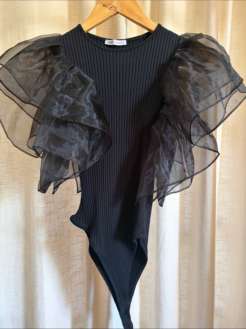 Zara Black Ribbed Bodysuit with Layered Organza Ruffle Sleeves
